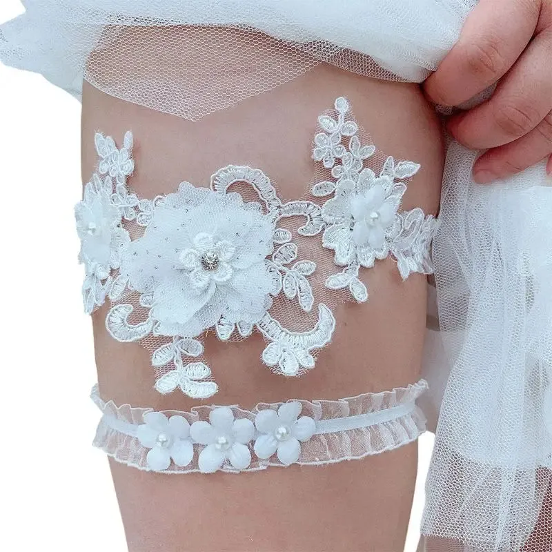 2Pcs/Set Womens Bridal Stretch Wedding Thigh Rings Embroidery Flower Faux Pearl Rhinestone Jewelry Prom Party Leg Garter
