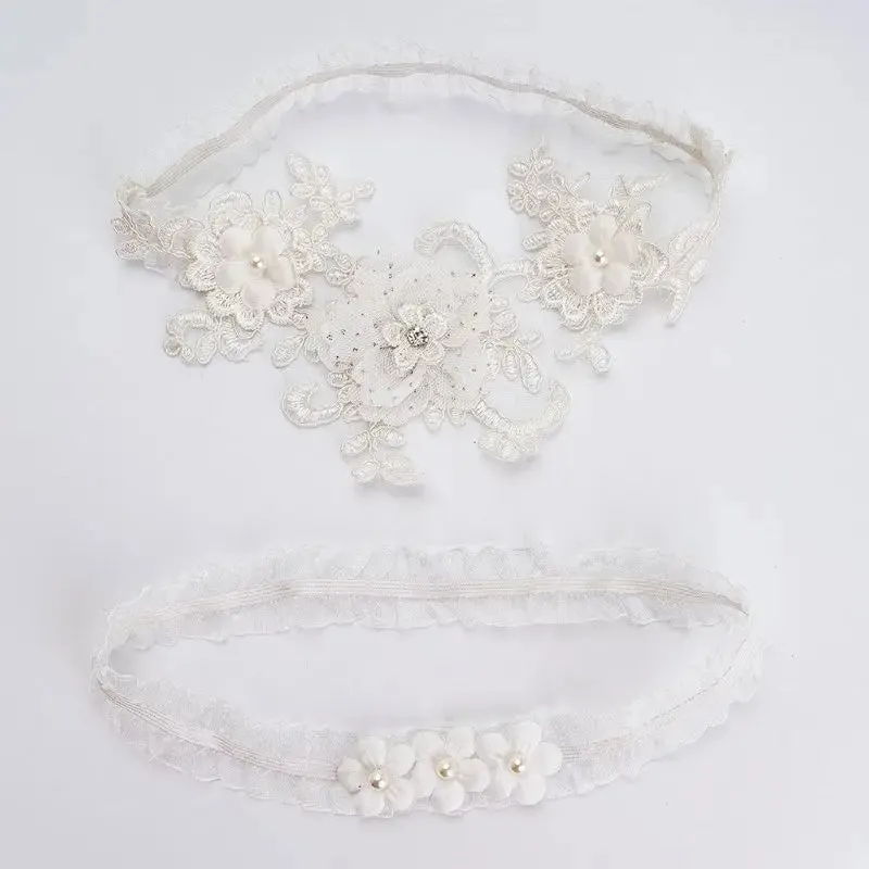 2Pcs/Set Womens Bridal Stretch Wedding Thigh Rings Embroidery Flower Faux Pearl Rhinestone Jewelry Prom Party Leg Garter