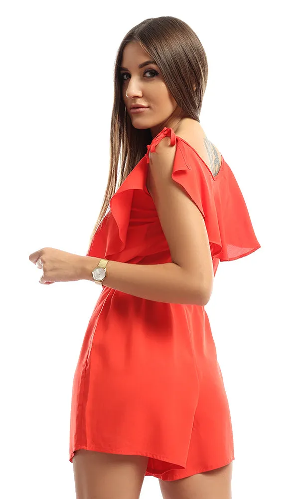 47048 Ruffled Round Neck Sleeveless Playsuit - Hot Red