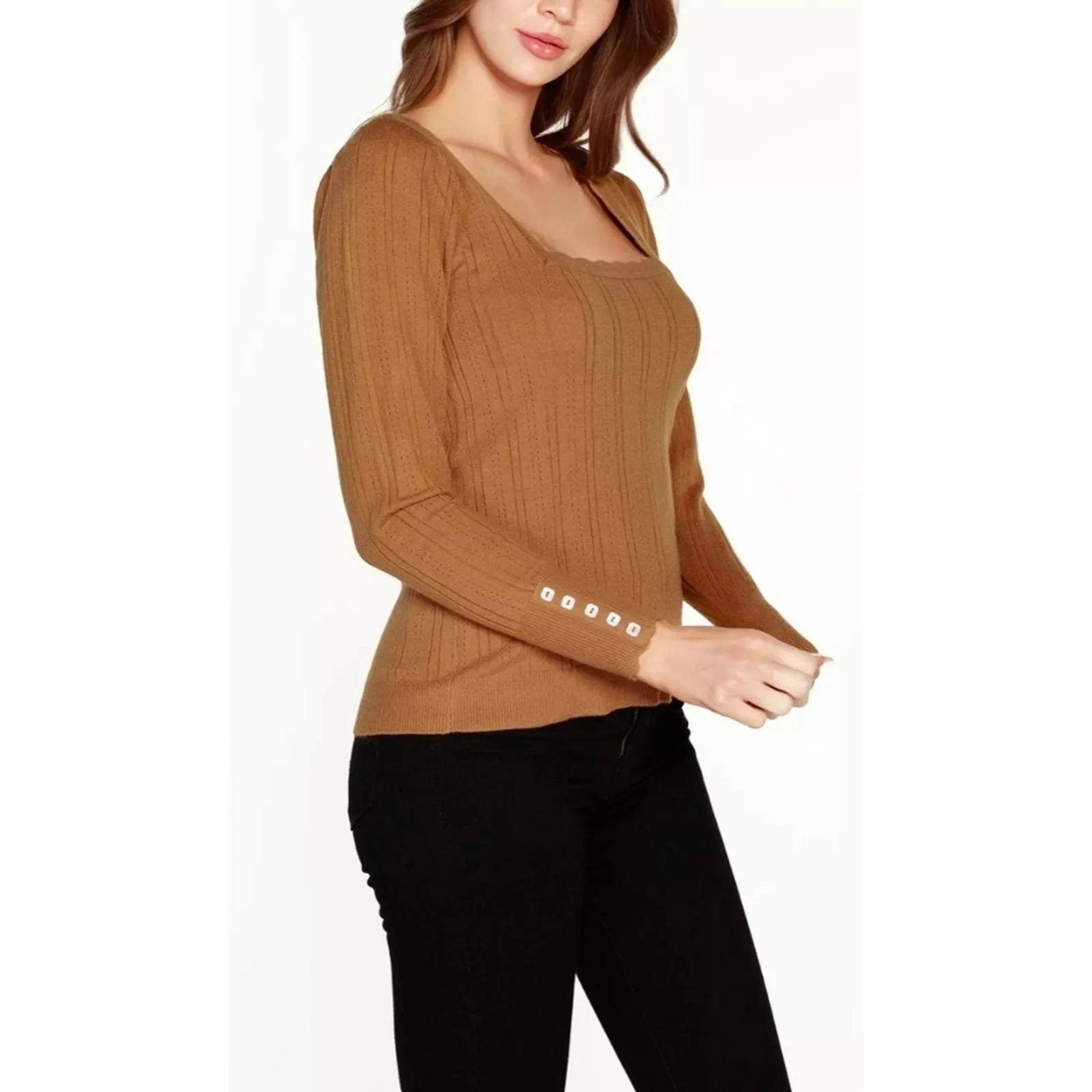 BELLDINI Women's Kaily K. Square Neck Sweater Almond XL