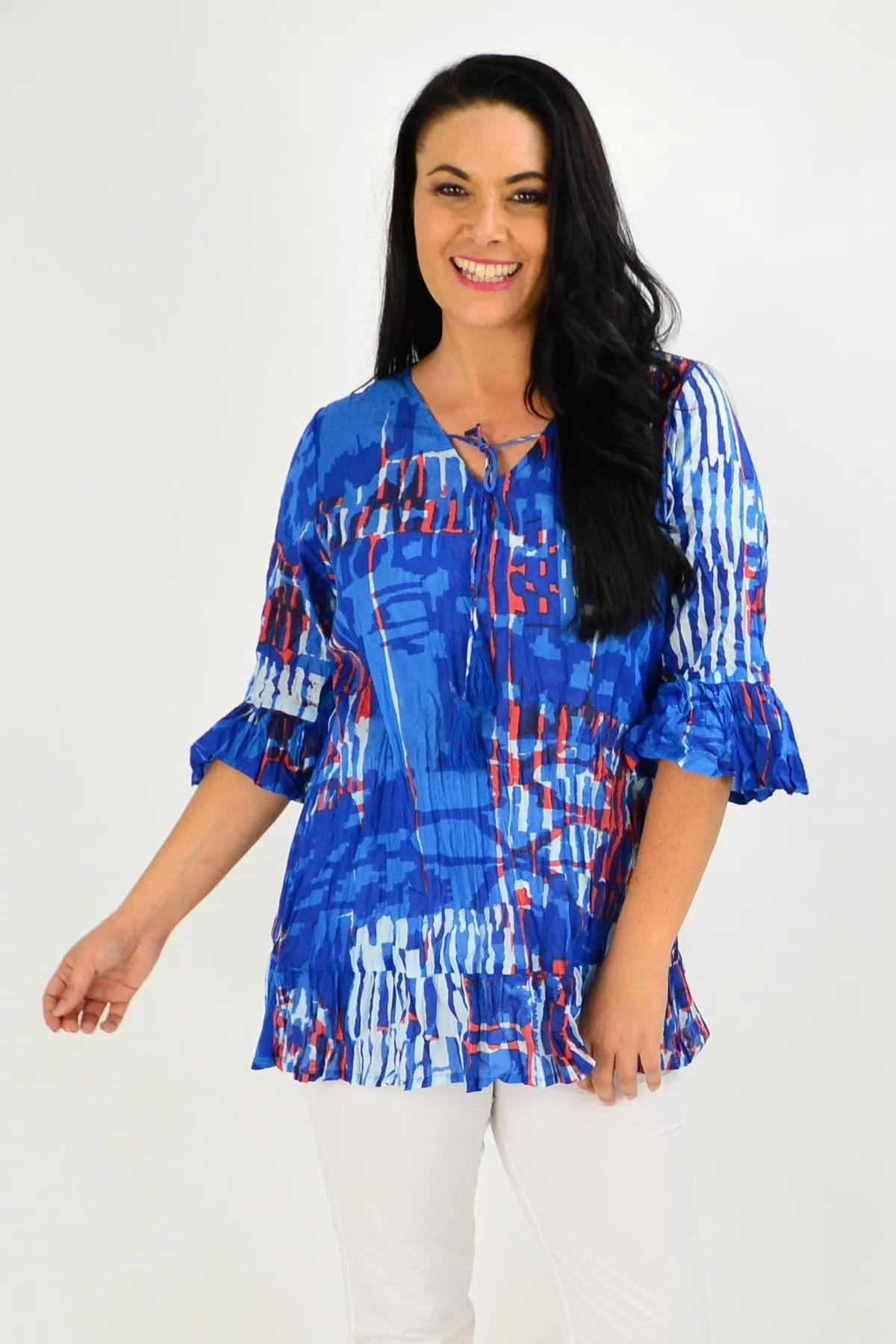 Blue Red Abstract Print Tunic Top