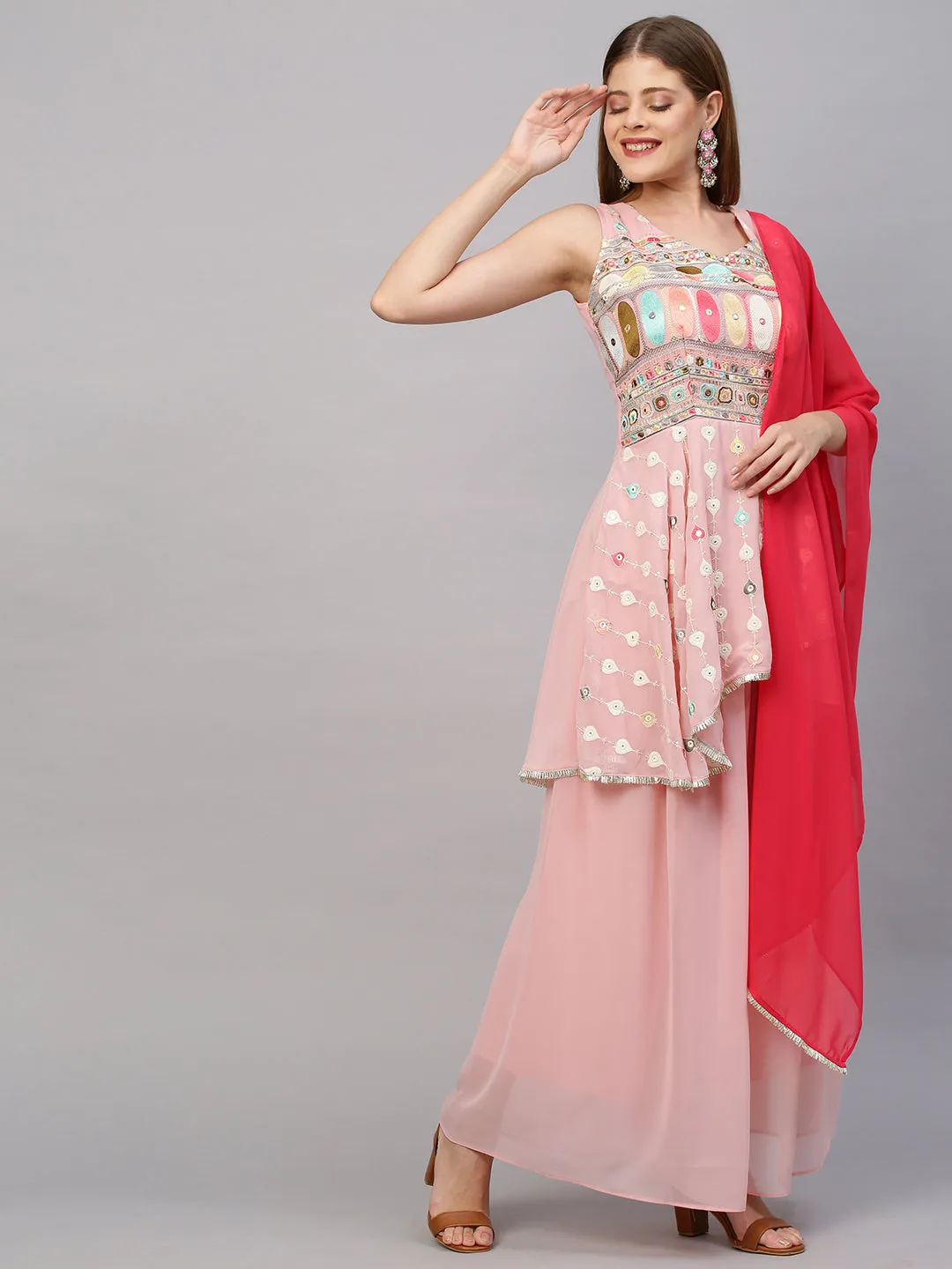 Ethnic Embroidered Peplum with Palazzo and Dupatta - Blush Pink