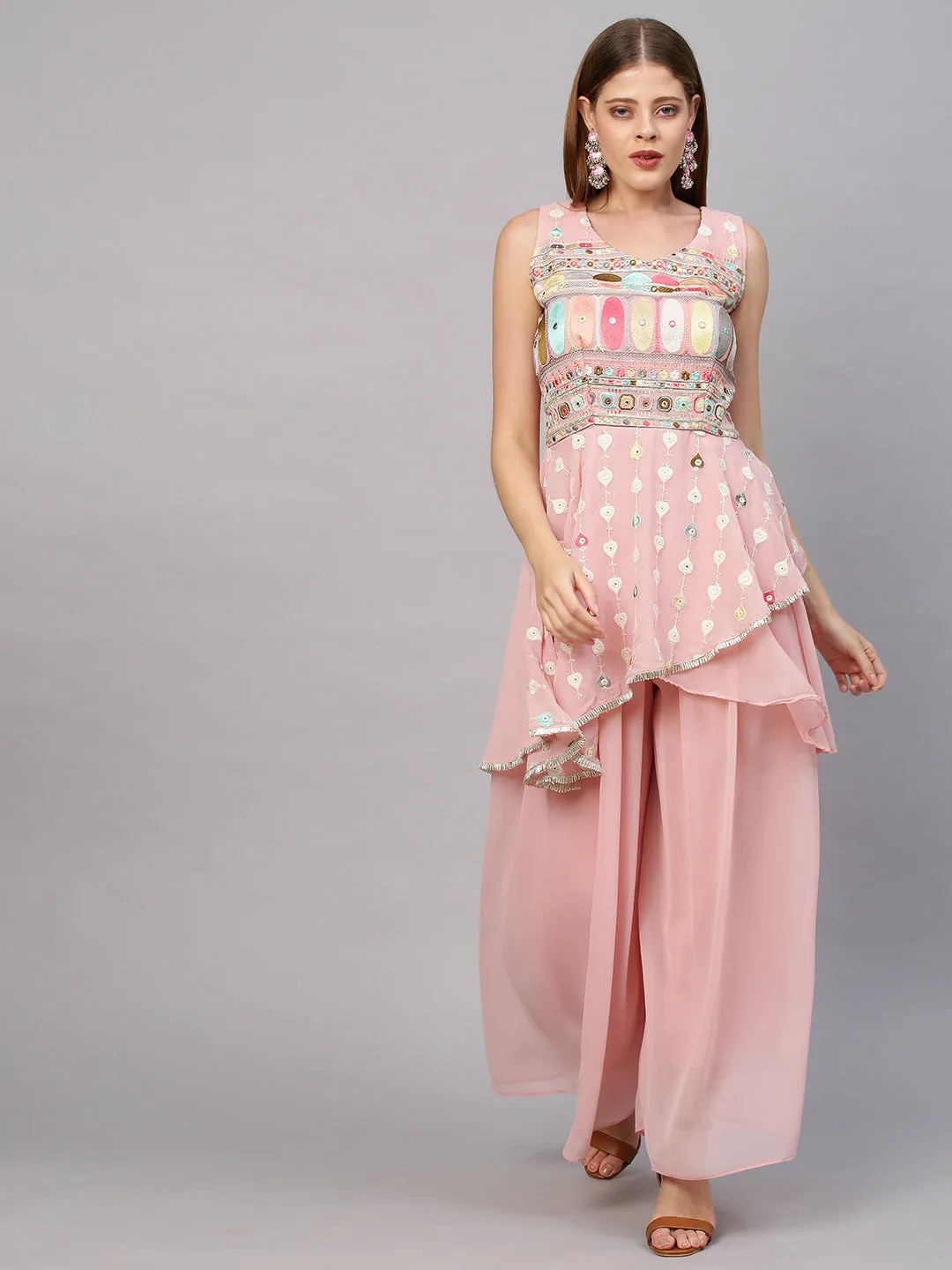 Ethnic Embroidered Peplum with Palazzo and Dupatta - Blush Pink