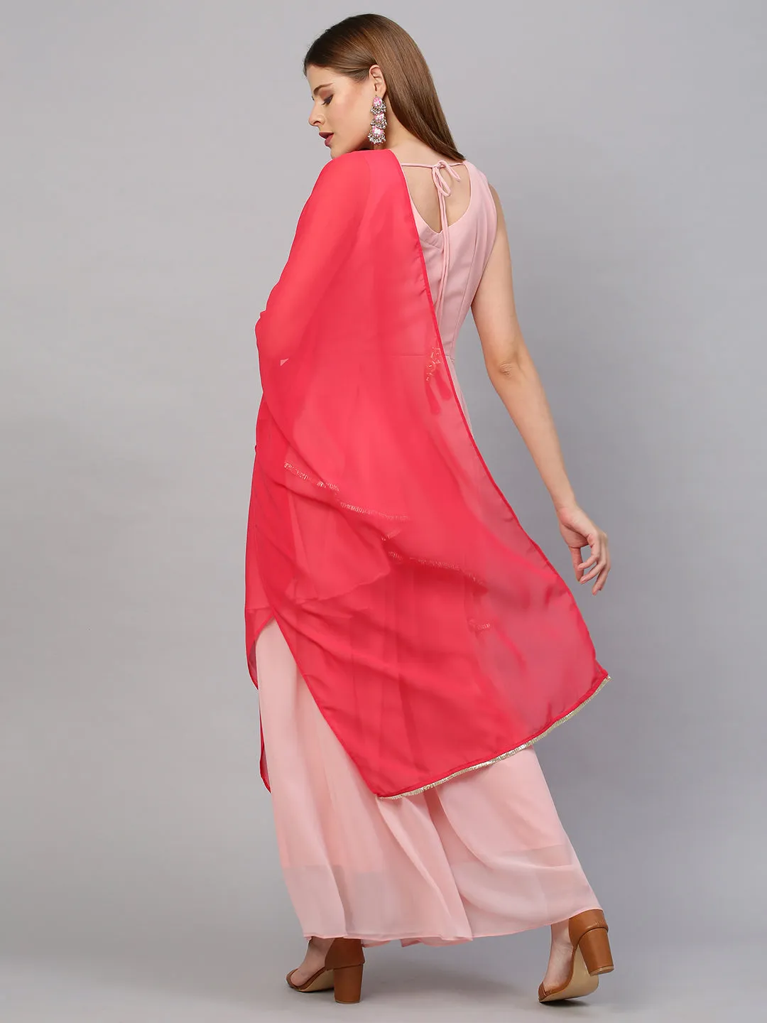 Ethnic Embroidered Peplum with Palazzo and Dupatta - Blush Pink