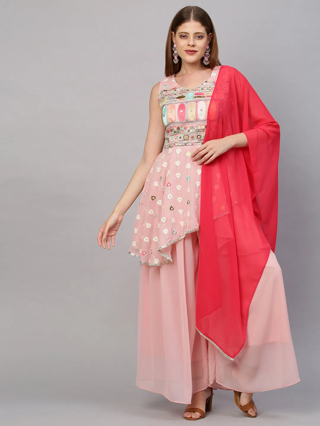 Ethnic Embroidered Peplum with Palazzo and Dupatta - Blush Pink