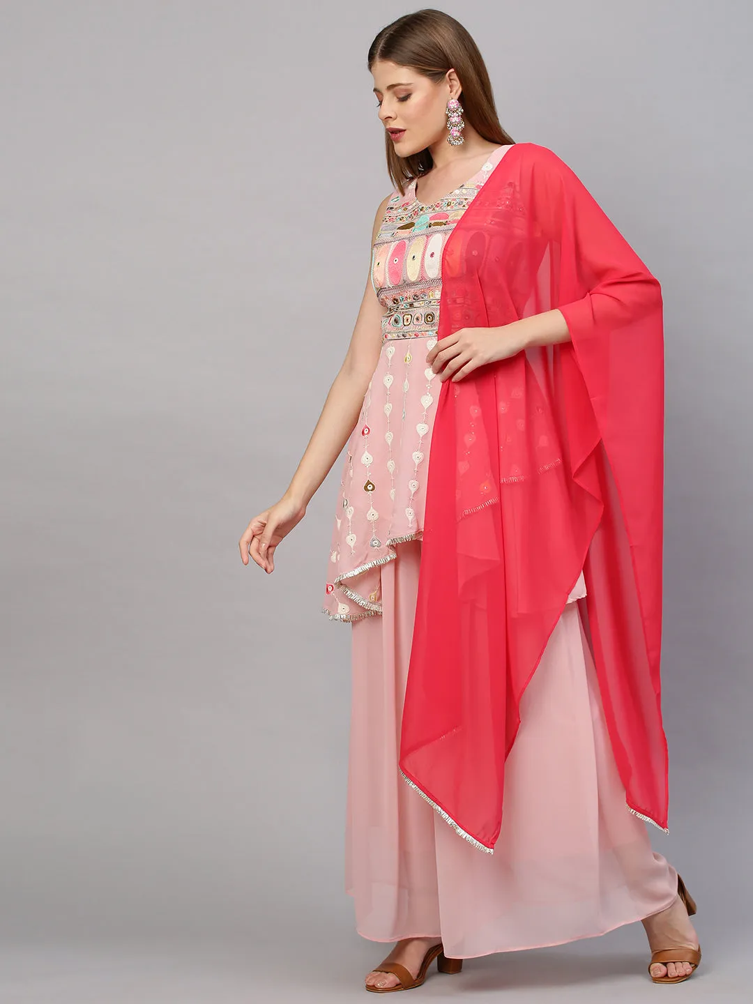 Ethnic Embroidered Peplum with Palazzo and Dupatta - Blush Pink