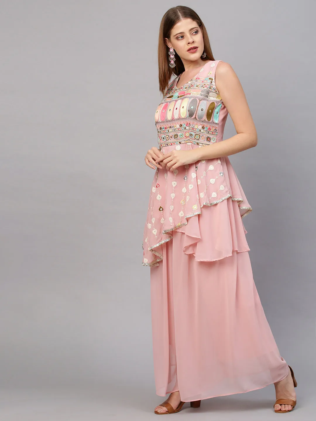 Ethnic Embroidered Peplum with Palazzo and Dupatta - Blush Pink