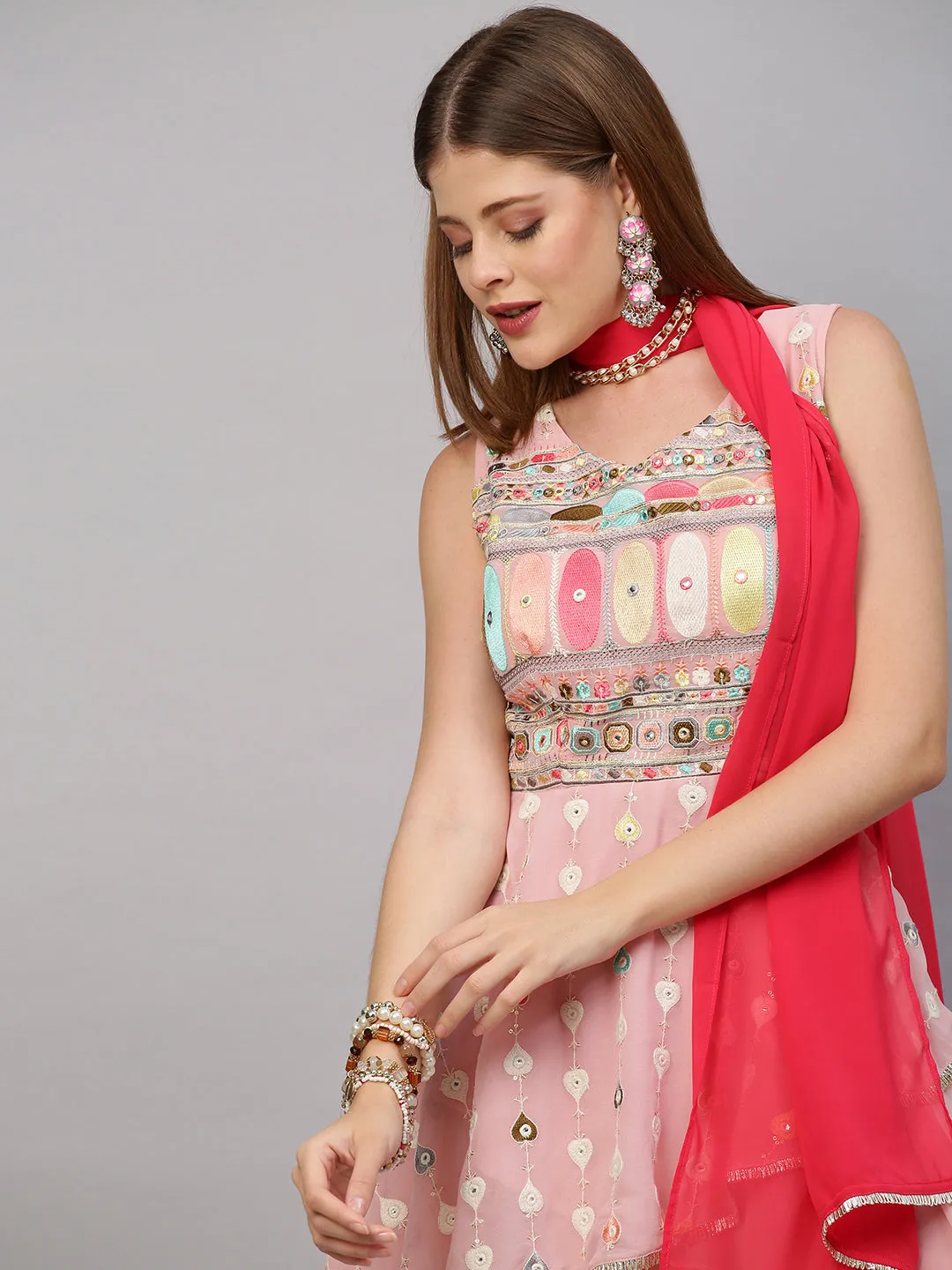 Ethnic Embroidered Peplum with Palazzo and Dupatta - Blush Pink