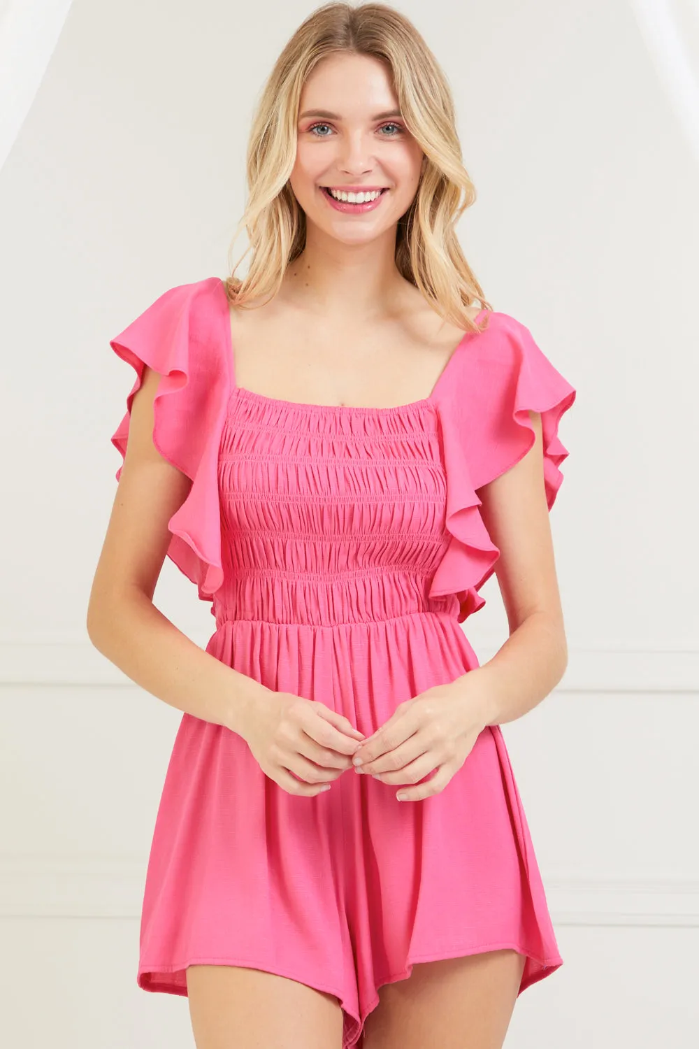 RUFFLE SLEEVE ROMPER | PINK