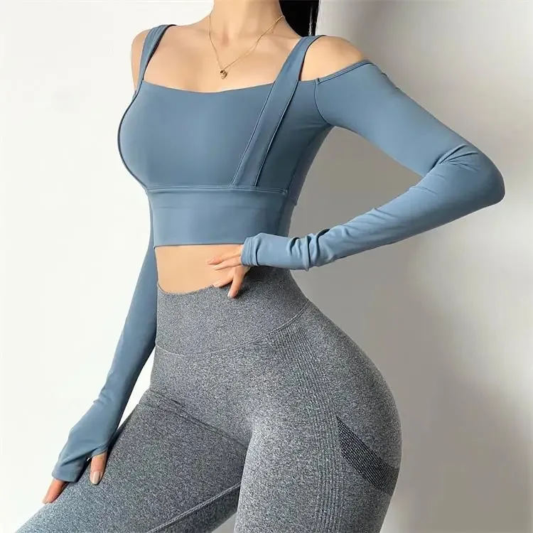 Women Strapless Sports Shirts Long Sleeve Dry Tank Top Gym T-shirt Athletic Active Fitness Workout Running  Sportswear